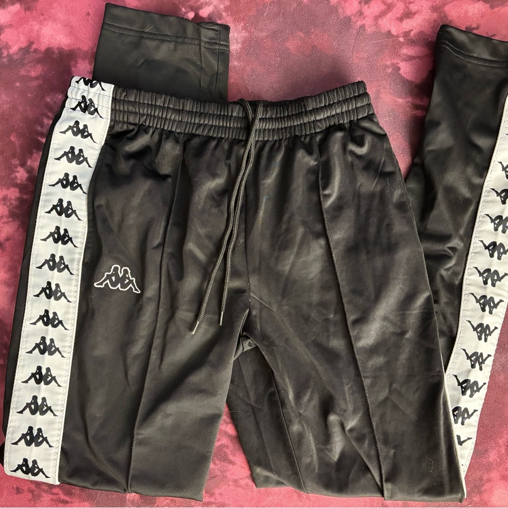 Kappa Black Track Pants with White Logo Tape